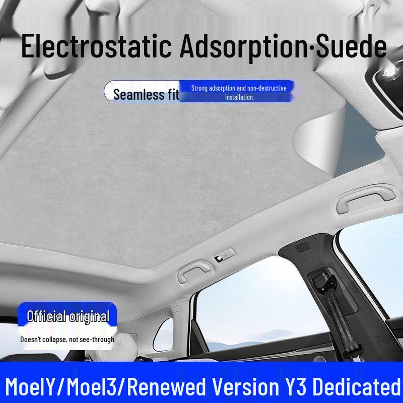 Tesla Model Y & 3 Sunroof Suede Sunshade: Electrostatic Adsorption Sun Protection & Heat Insulation