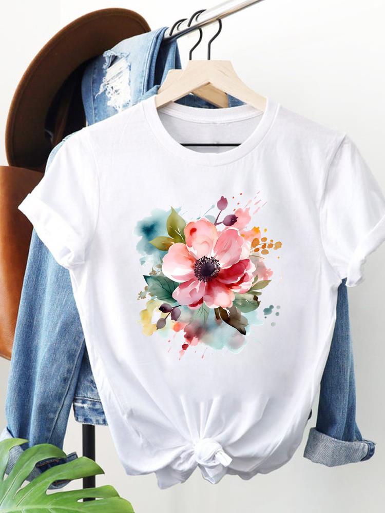 (Asian Size) Trend Flower Lovely Clothing Women Fashion Print Short Sleeve Tee Top Female T Shirt Woman Graphic T-shirts