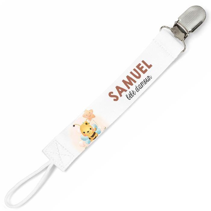 Planetee Attache tétine pour prénom SAMUEL bébé d'amour abeille garçon | Attache sucette cadeau naissance