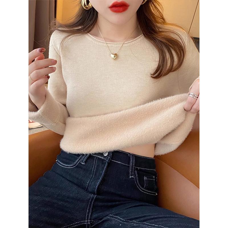 Simple one-piece fleece thickened sweater women's spring basic inner bottoming shirt warm knitted top