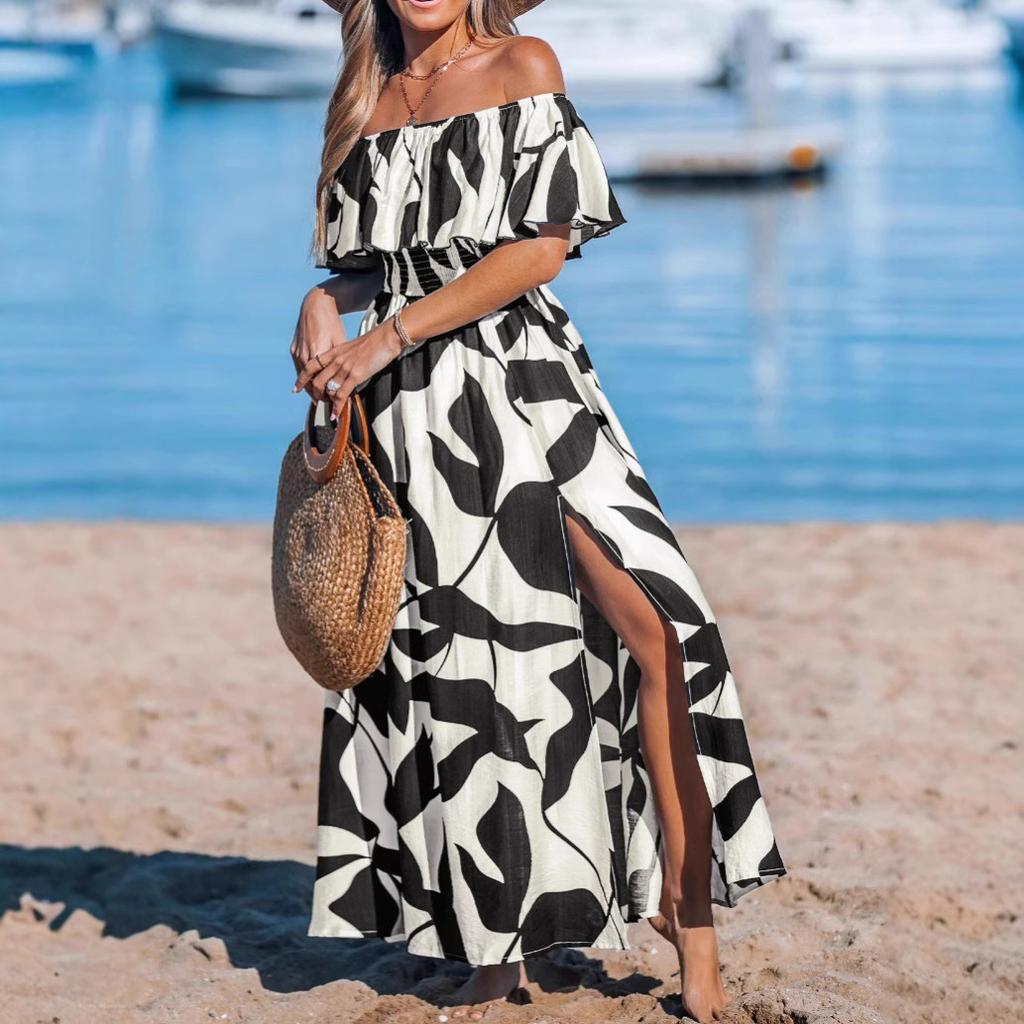 European and American Women's Clothing High Split Ends Women's Dress Leaf Print Long Dress Short Sleeve One-word Shoulder Holiday Style Skirt