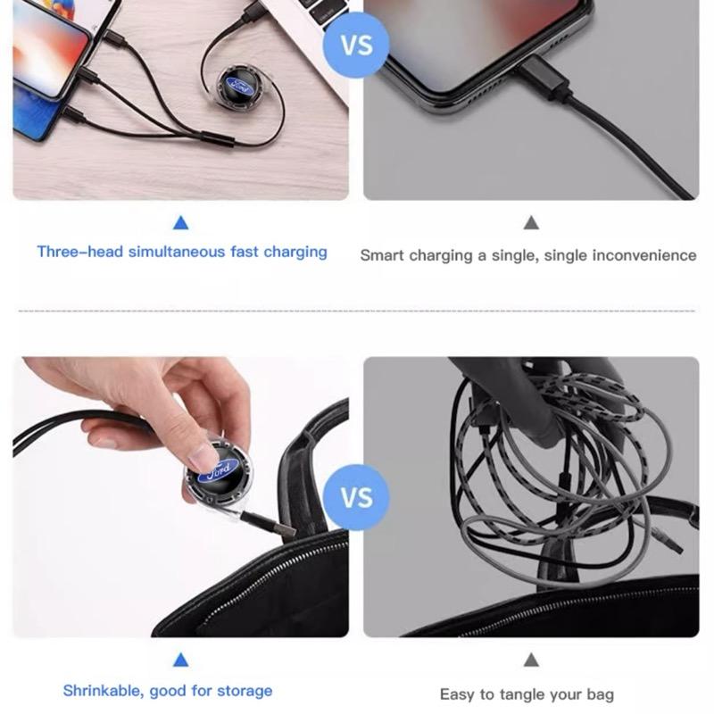 3 In 1 Micro USB Type C Charging Cable Multi Charger For Ford S MAX Ranger Focus Fiesta Mondeo Kuga Mustang Escort KA Ecosport KL1