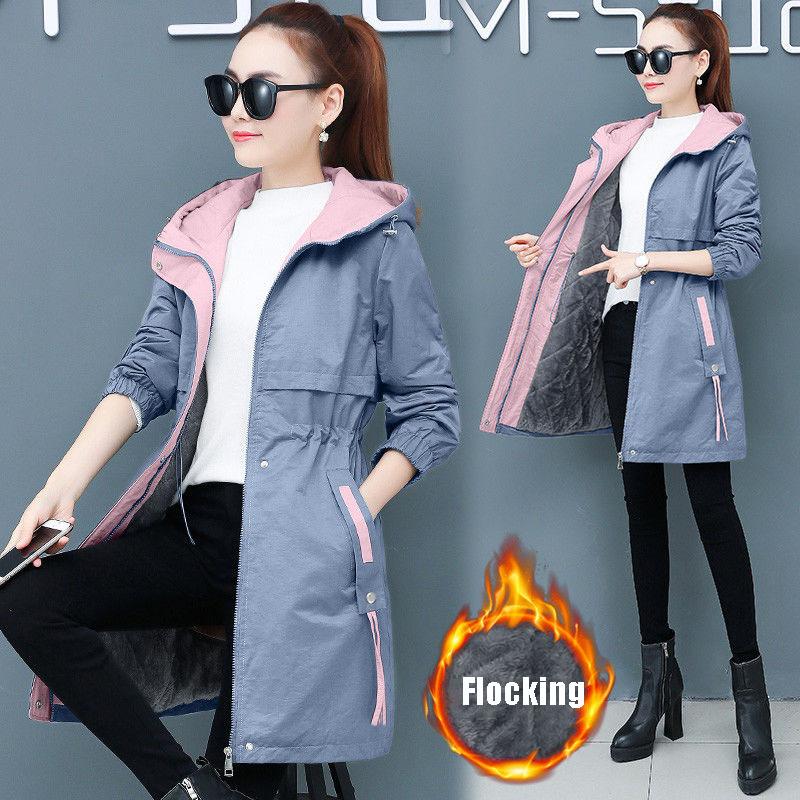 Autumn and Winter Plus Velvet Mid-length Overcoat Women's Slim  All-match Hooded Parka Jacket Female Flocking Trench Coat
