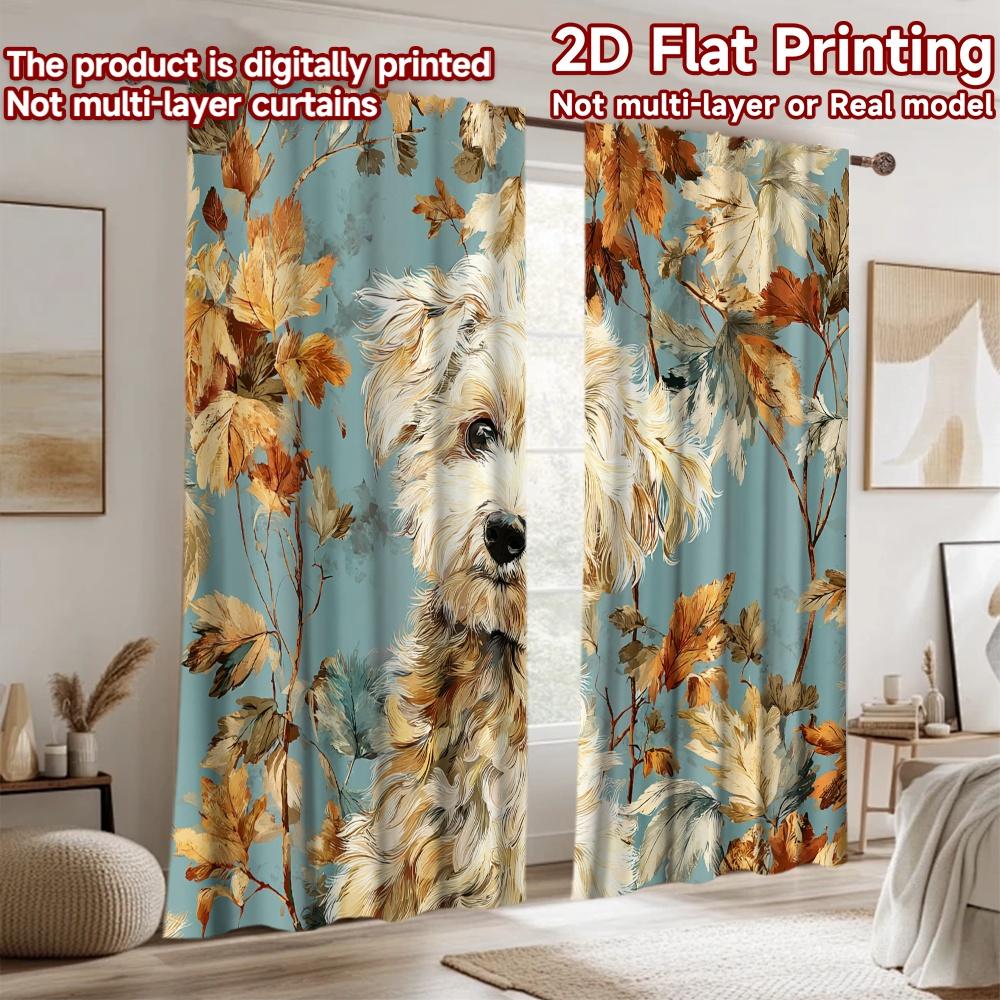 2D flat printing 2pcs Party Curtains Cute Dog Autumn Leaves Digital Printed Polyester Drapes Seasonal Party & Holiday Decor Use