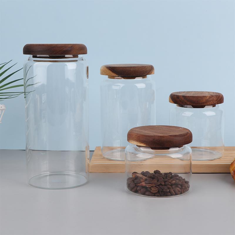 1Pcs Wooden Cover Coffee Beans Vacuum Sealed Tank Transparent Glass Food Storage Jars Household Moisture-Proof Container