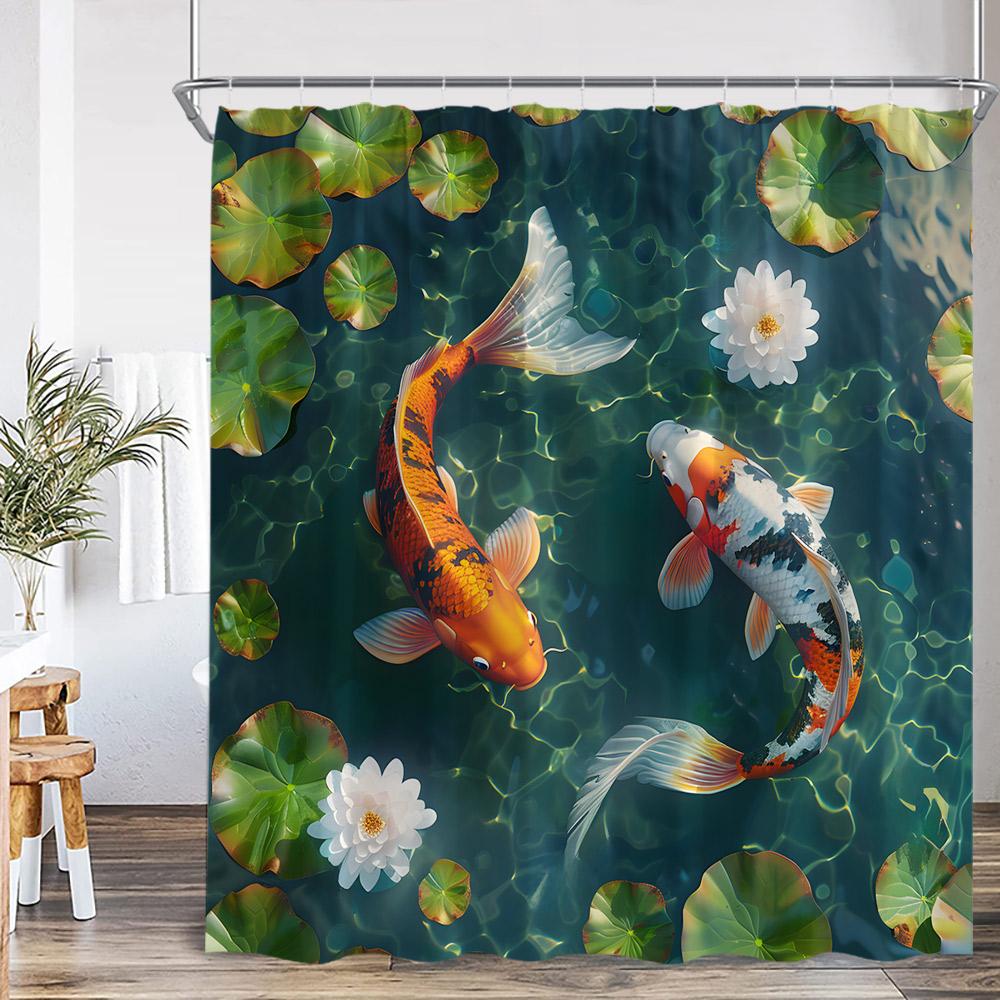 Koi Japanese Shower Curtain Carp In Pond Pink Cherry Blossom Lotus Bathroom Decor Nature Polyester Bathtub Curtain With Hooks