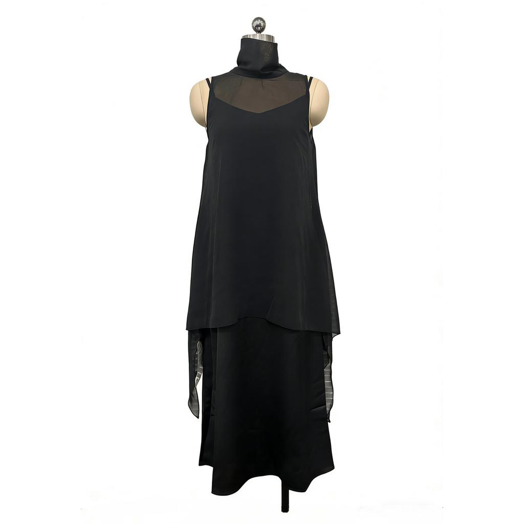 Women Mesh Panel Asymmetric Hem Maxi Dress Casual Loose Fit Dress with Inner Lining