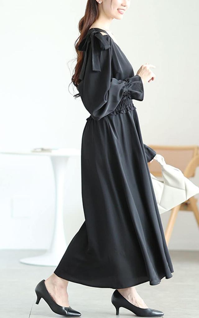 Gold Japan Plus Size Long Open Sizes Women's Dress, Sleeves, Shoulder, Ribbon, Shirring, Fall/Spring, LL, 3L, Black, fem-600