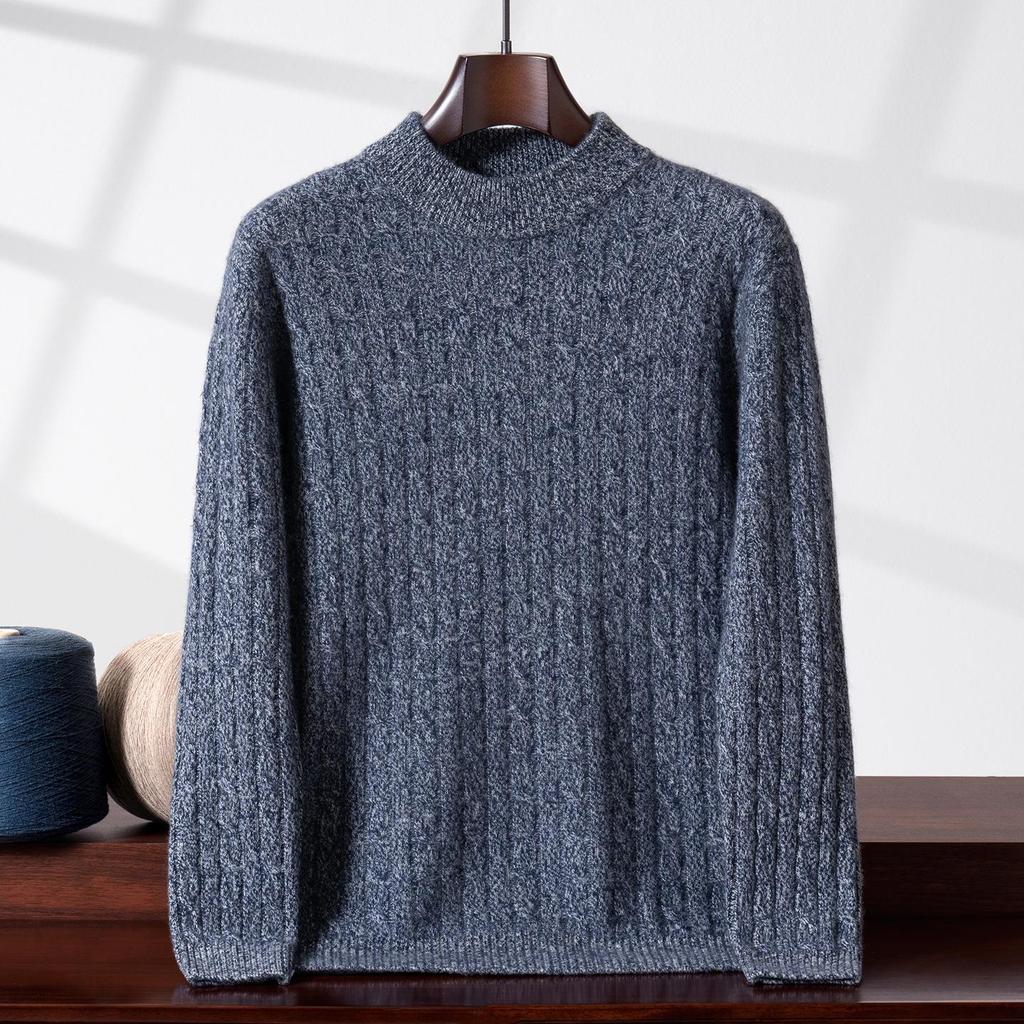 Men's Cashmere Yarn Half-High Collar Cable Knit Loose Casual Sweater - Thick, Warm, Long Sleeve for Winter