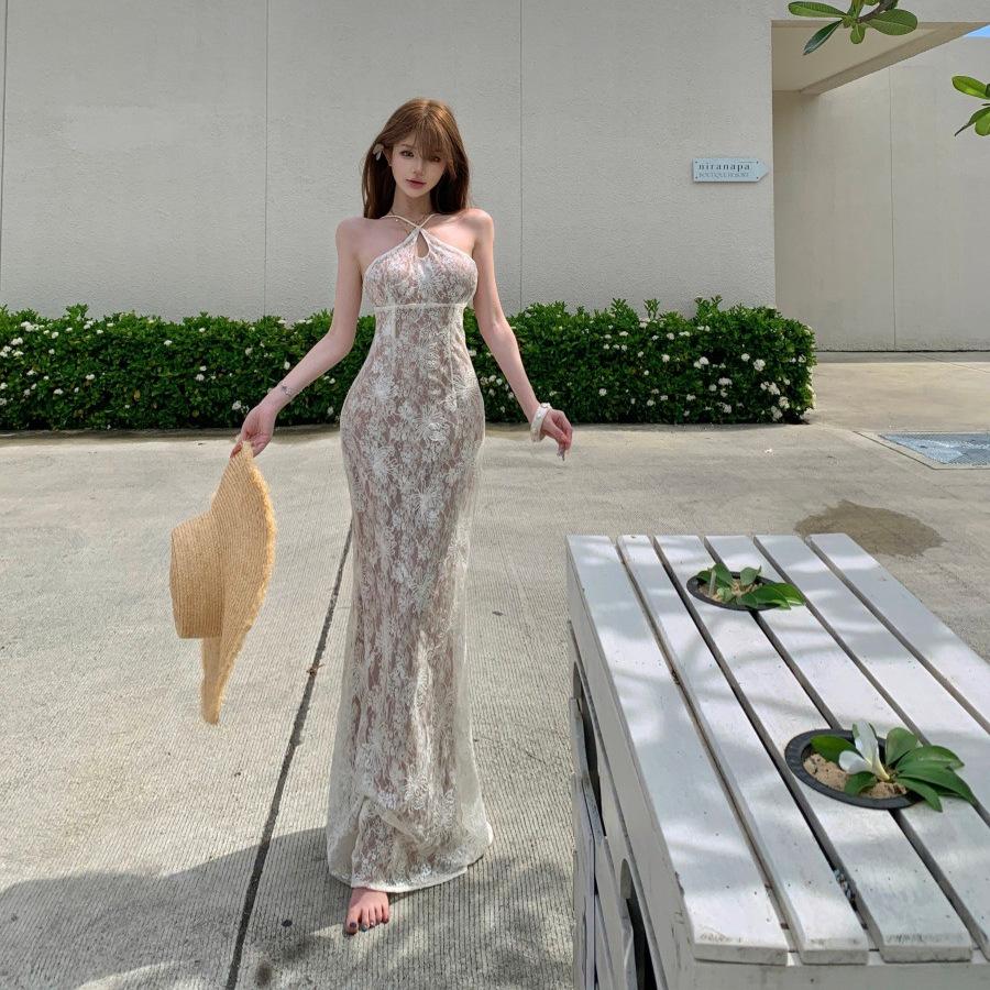Morning Robe Female Bride Premium Lace Neck Birthday Fishtail Long Dress Light Dress French Suspender Dress