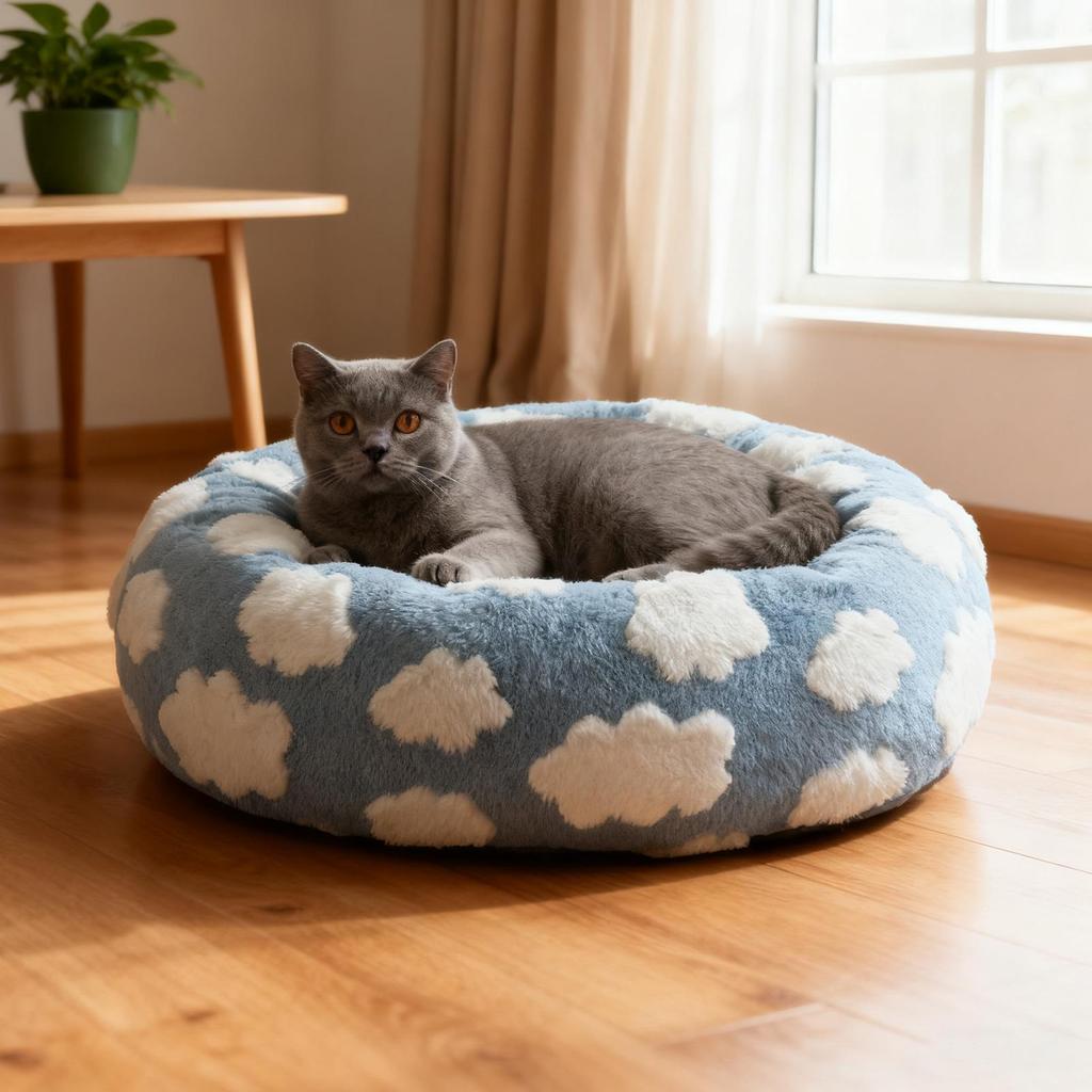 Winter Warm Cat Sleeping Cushion Soft Plush Round Cat Bed Puppy Kitten Plush Nest Pet Supplies for Indoor Home Bedroom