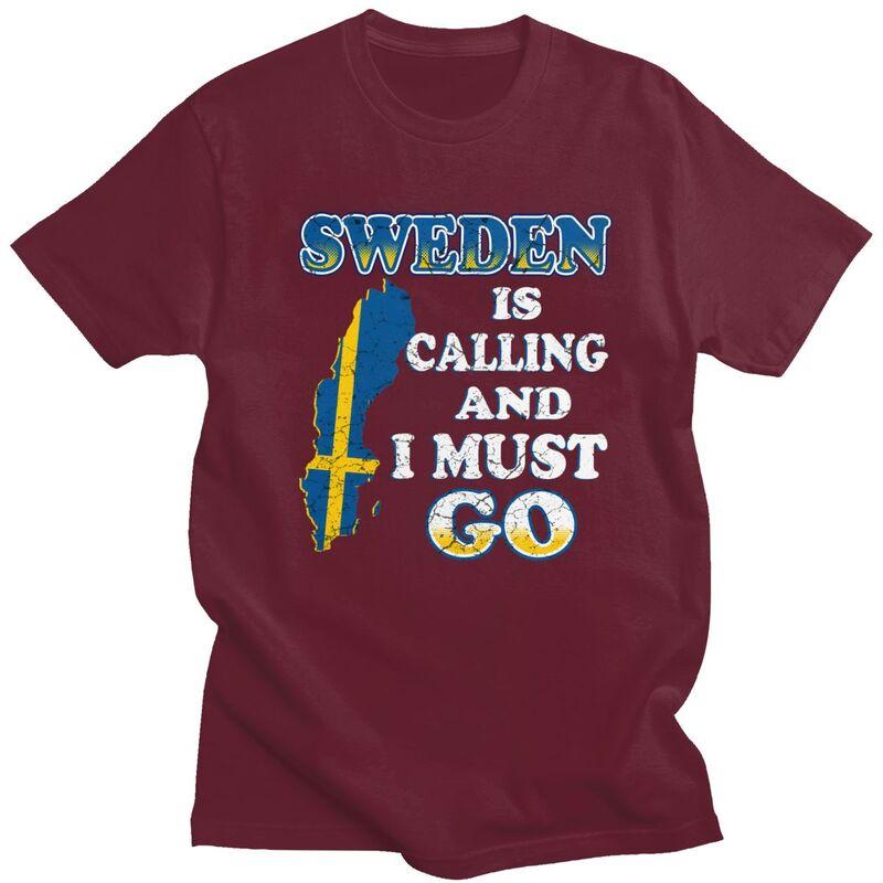 Mens Sweden Is Calling T Shirt Short Sleeve Cotton Tshirts Valentines Day Gift Casual Sweden Flag Tee Loose Fit Clothing