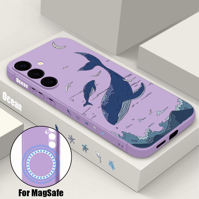 Magnetic Case For Samsung Galaxy S26 S25 S24 Ultra S23 S24 S25 FE For Magsafe Wireless Charge Whale Print Soft TPU Phone Cover