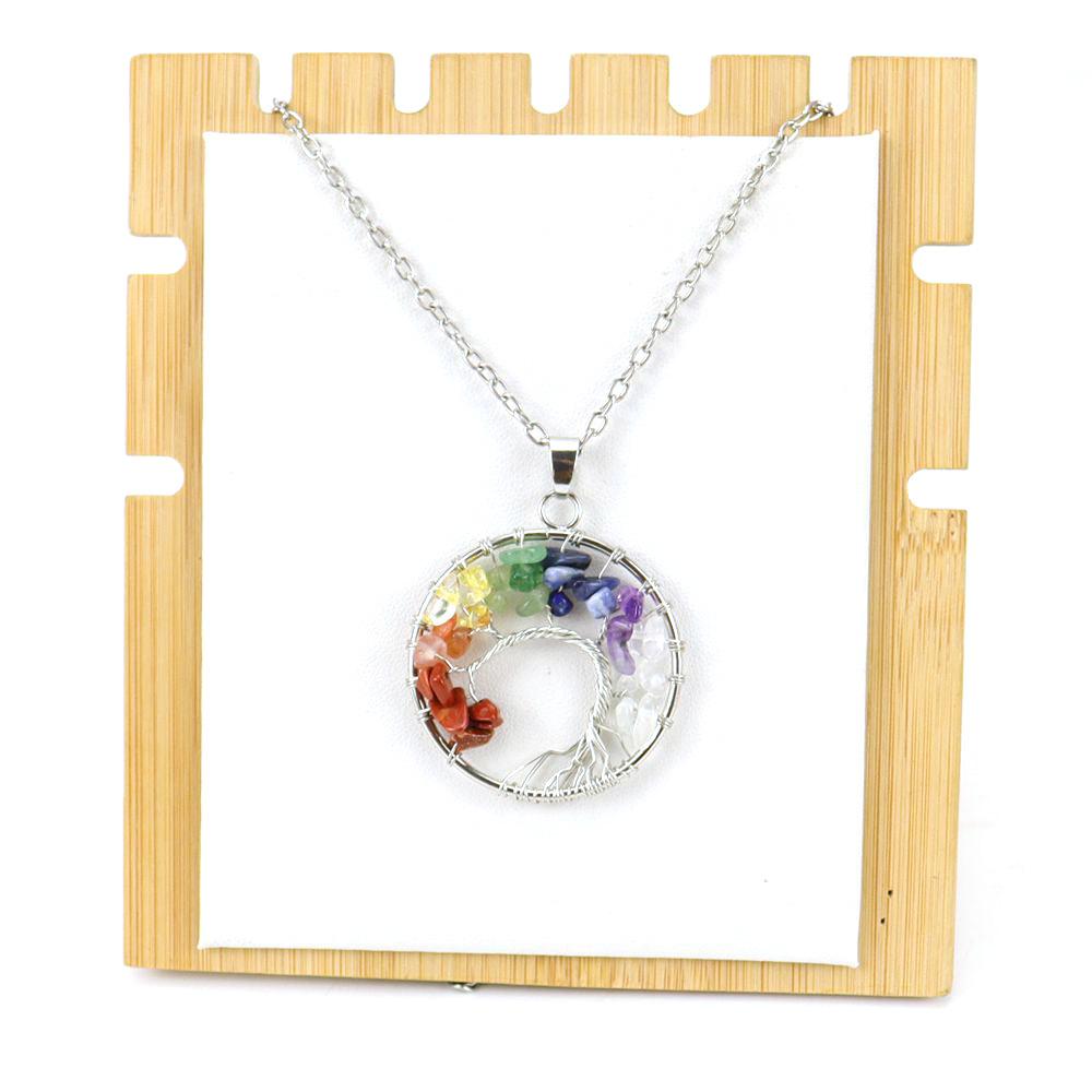 Silver Hand-Wound Colorful Crystal Gravel Curved Tree Of Life Pendant Necklace N111