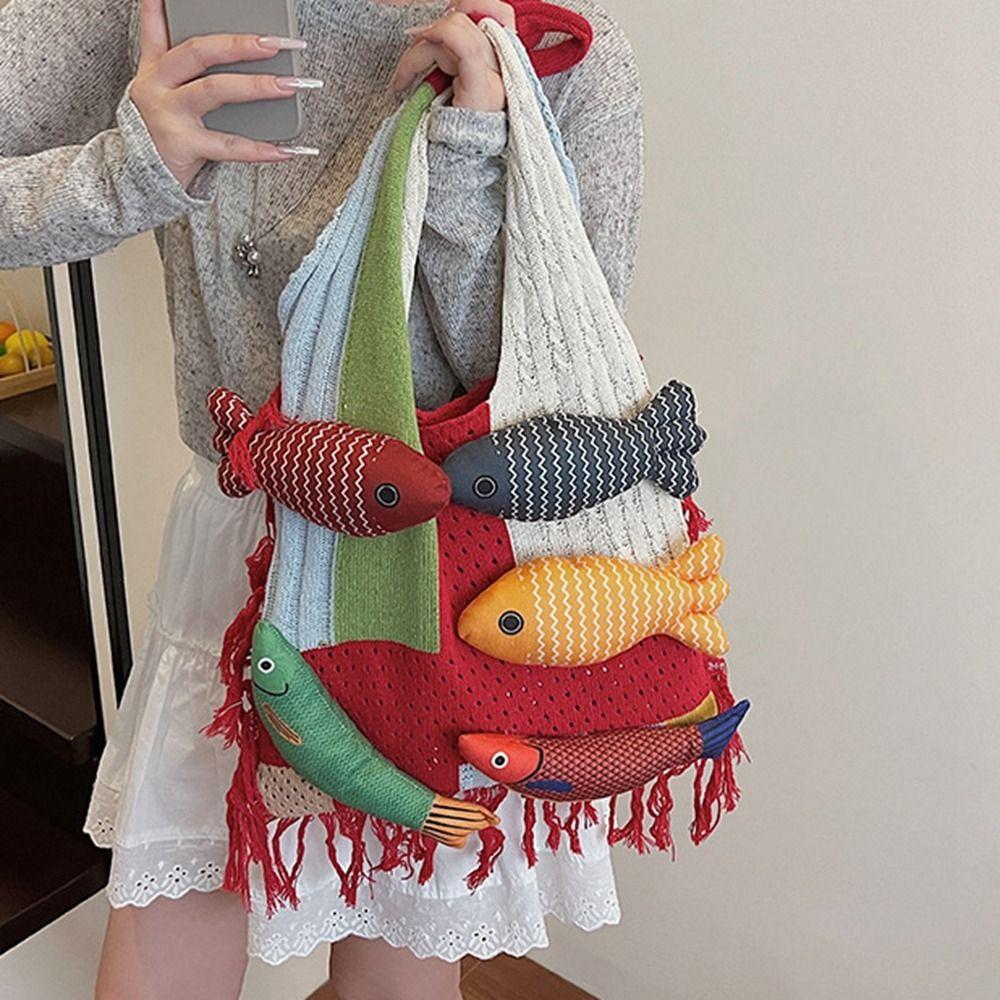 Large Capacity Hollow Out Weave Bag Fish Tote Bag Leisure Tassels Beach Handbag  Women