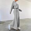 Rib Knit Crop Top And Maxi Skirt Set Two Piece Outfits Long Sleeve High Waist Plain Matching Sets