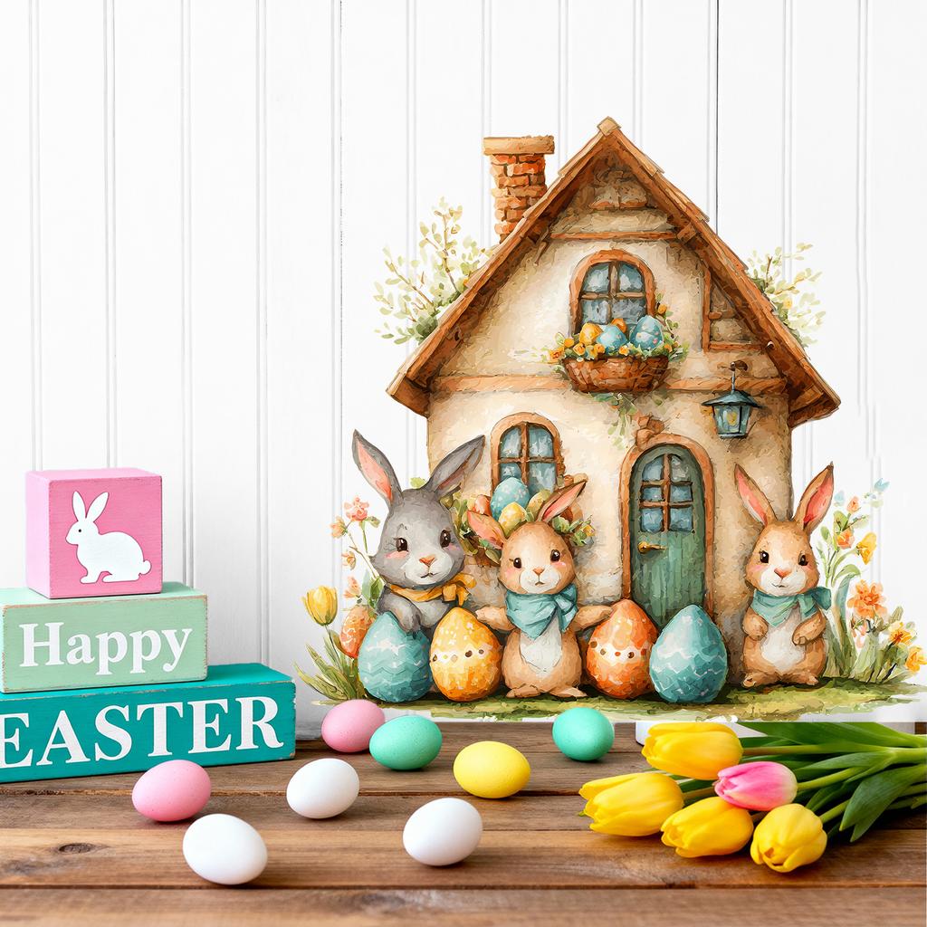 Cute Easter Bunny with Cartoon House Wall Sticker Self-Adhesive Removable for Living Room Entryway Bedroom Home Decor