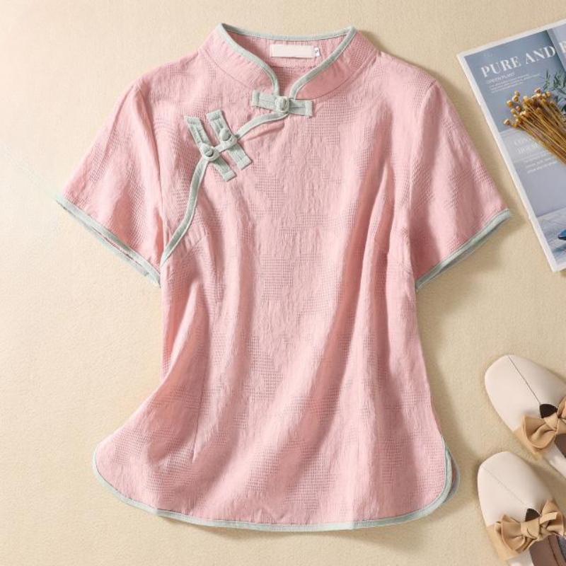 

Женский хлопковый тонкий топ-чонсам, китайский традиционный воротник, пальто Тан, мягкая атласная рубашка в китайском стиле, женская вышитая рубашка XXXL розовый