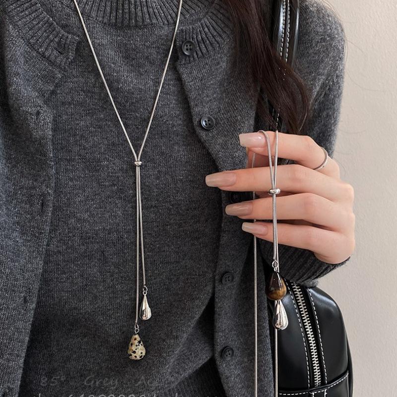 Simple Water Droplet Pendant Necklace For Women  Irregular Metal Smooth Long Y-Shaped Necklace Sweater Chain Jewelry