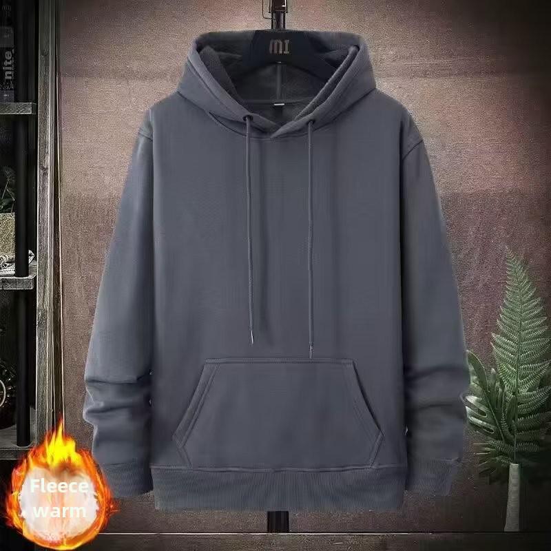 Men's Korean-Style Thick Hooded Sweatshirt - Large, Loose Fit, Velvet-Lined, Solid Color for Fall/Winter