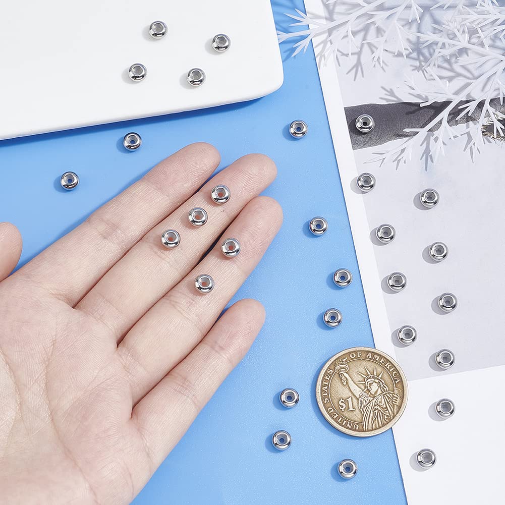 50Pcs 202 Stainless Steel Beads, with Rubber Inside, Slider Beads, Rondelle, Stainless Steel Color, 6x3mm, Hole: 2mm