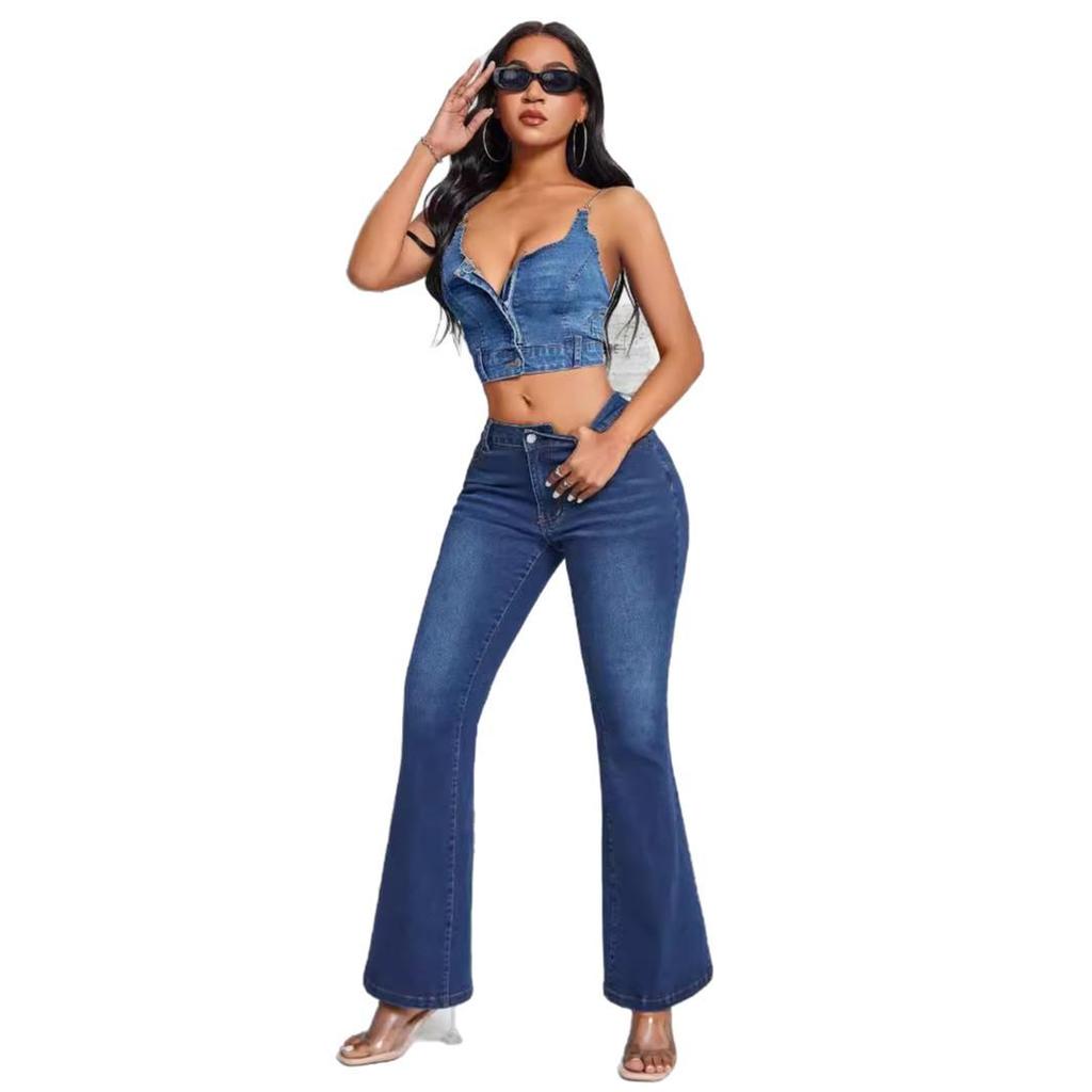 Women's Deep V Backless Denim Suspender Tank Top