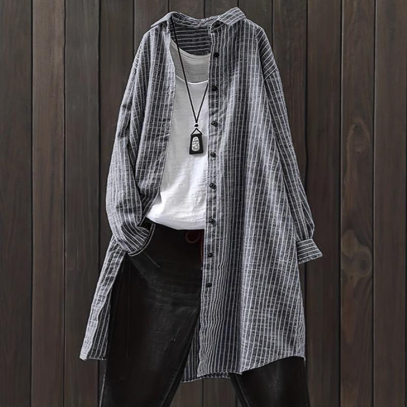 New Women's Cotton and Linen Striped Shirt, Mid Length Long Sleeved Pocket Top