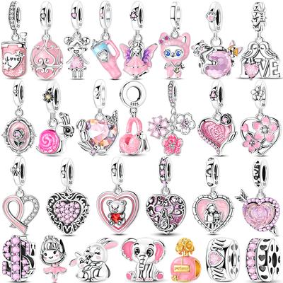 Romantic Pink Color Charms Bead 925 Silver CZ Zircon Love Heart Pendants Fit Bracelet DIY Jewelry Gift