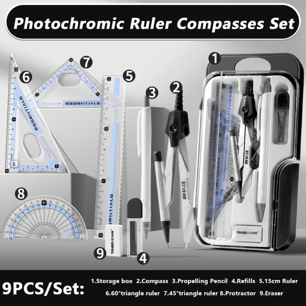 9PCS/Set Propelling Pencil Stationery Ruler Set Plastic Protractor Drawing Tool  Students