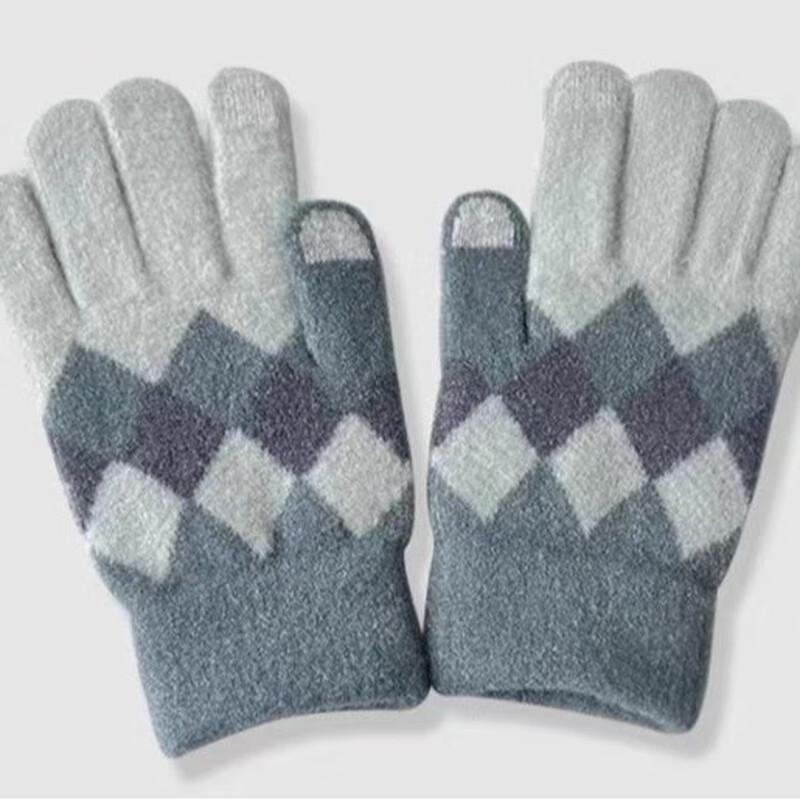 FanShun Color-Block Plaid Plush Knit Touchscreen Gloves