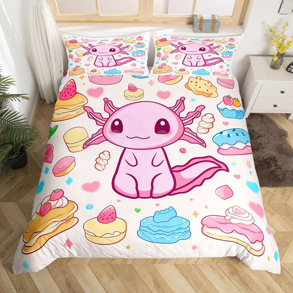 Cartoon Axolotl Bettbezug Queen Size, Sonnenblumen Bettwäscheset Niedliches Tier Botanisch Bettdeckenbezug Aquarell Gelb Steppdeckenbezug