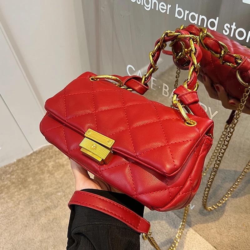 Women's Simple Red Plaid Square Bag Texture High-end Chain Popular Crossbody Bag Sense of Design Shoulder Bag New Fashion
