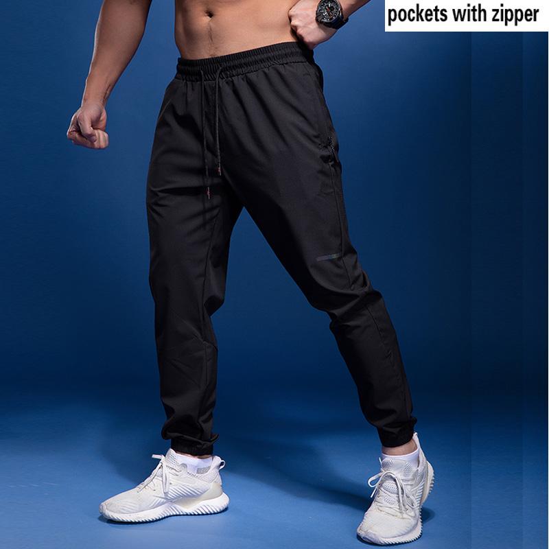 Men's Slim Casual Pants Summer Quick-drying Solid Color Running Sweatpants Zipper Pocket Trend Shackle Fitness Soccer Training Breathable