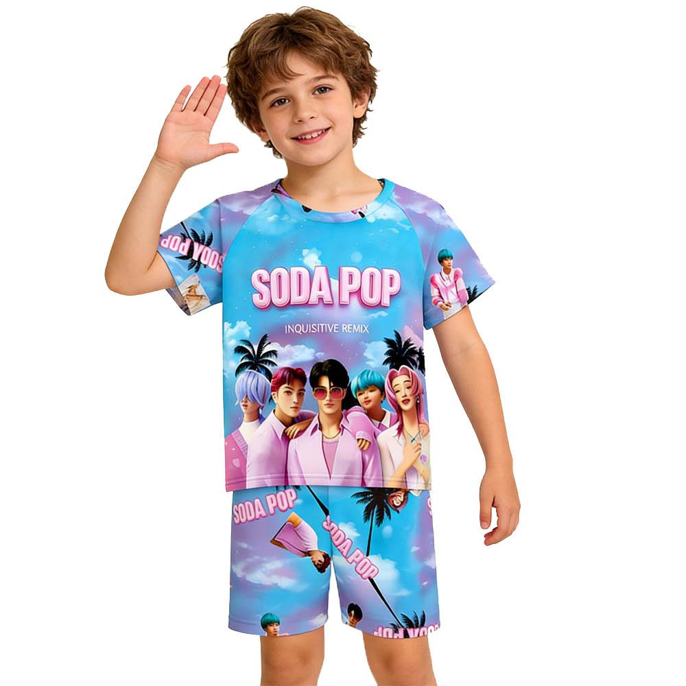 Fashion Fun Cartoon Devil Hunter Print Kids T-shirt and Shorts 2 Piece Set Summer Casual Outdoor Boy's and Girl's Outfit Set