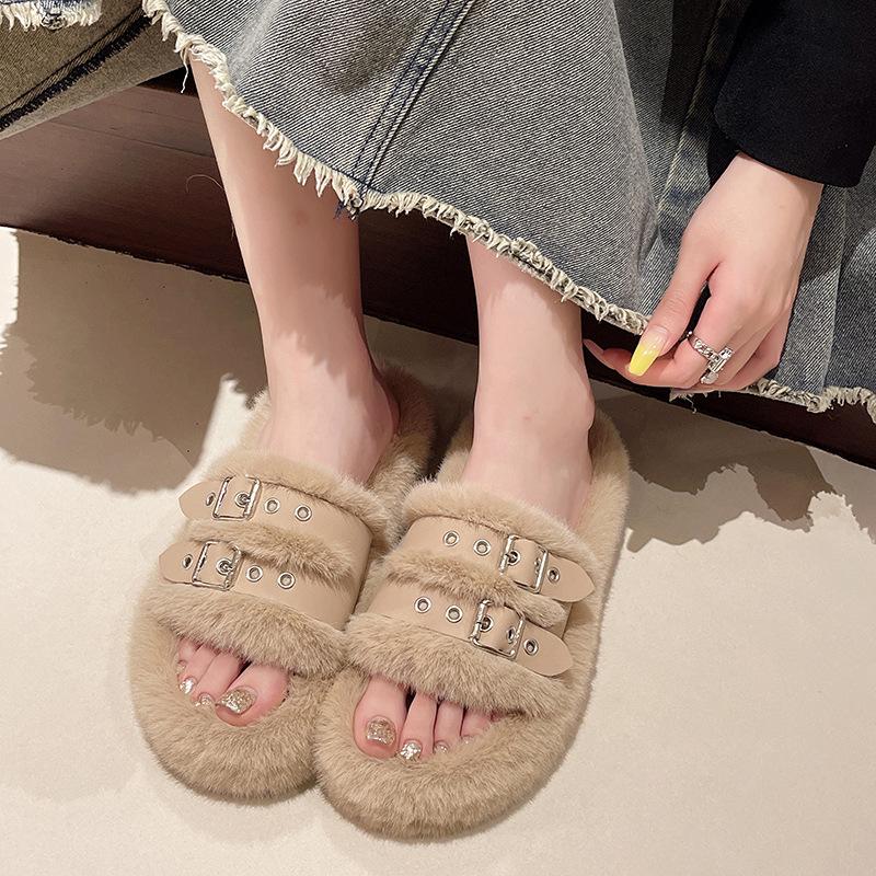 2025 Autumn and Winter New Thick-soled Fluffy Slippers Outer Wear Women's Versatile Fashion Soft Bottom Light Luxury Light Stepping On Shit Feeling
