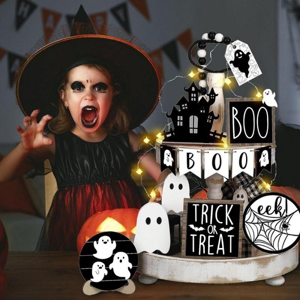 13pcs Pumpkin Cute Ghost Tray Decor Wooden Signs Ornaments Halloween Desk Decoration  Tabletop
