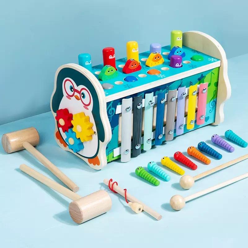 Children's wooden cartoon whack-a-mole percussion piling table Boys and girls percussion table Early education educational wooden toys