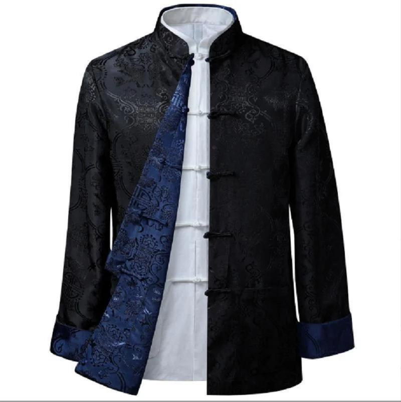 Men Chinese Style Satin Silk Tang Suit Jacket Double Faced Long Sleeve Kung Fu Coat Hanfu Clothing Jackets Size S-3XL