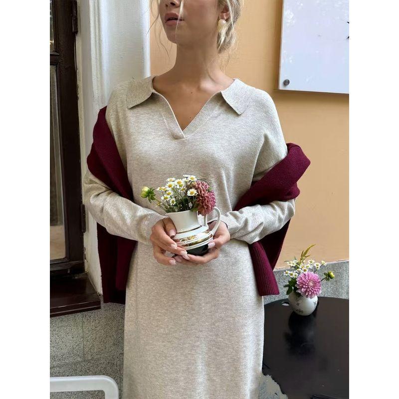 

Мода Мода V-образный вырез Длинные рукава Вязание Однотонное Свободное Платье-свитер Платье Вязаное платье-свитер Khaki L