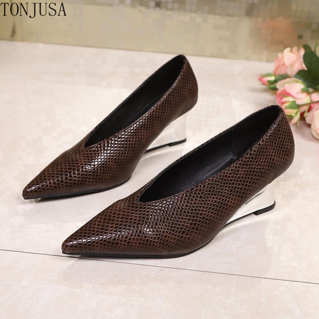 Retro Leopard Print Medium Heel Light Mouth Single Shoes Women's Cross-border Spring and Autumn Models Wedge Heel Fashion Shoes High Heels