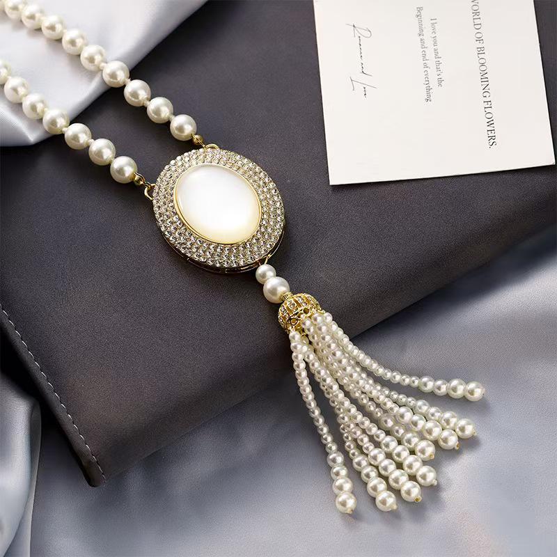 New Luxury Oval Cat's Eye Stone Pearl Sweater Necklace Pendant