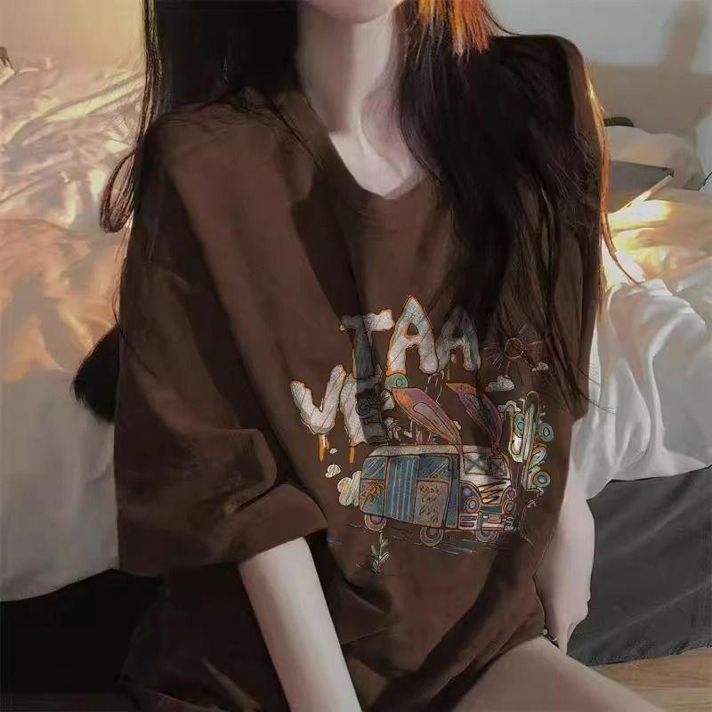 Women's Brown Pure Cotton Oversized Short Sleeve T-Shirt with Whitening Effect - Trendy Summer Top for Couples