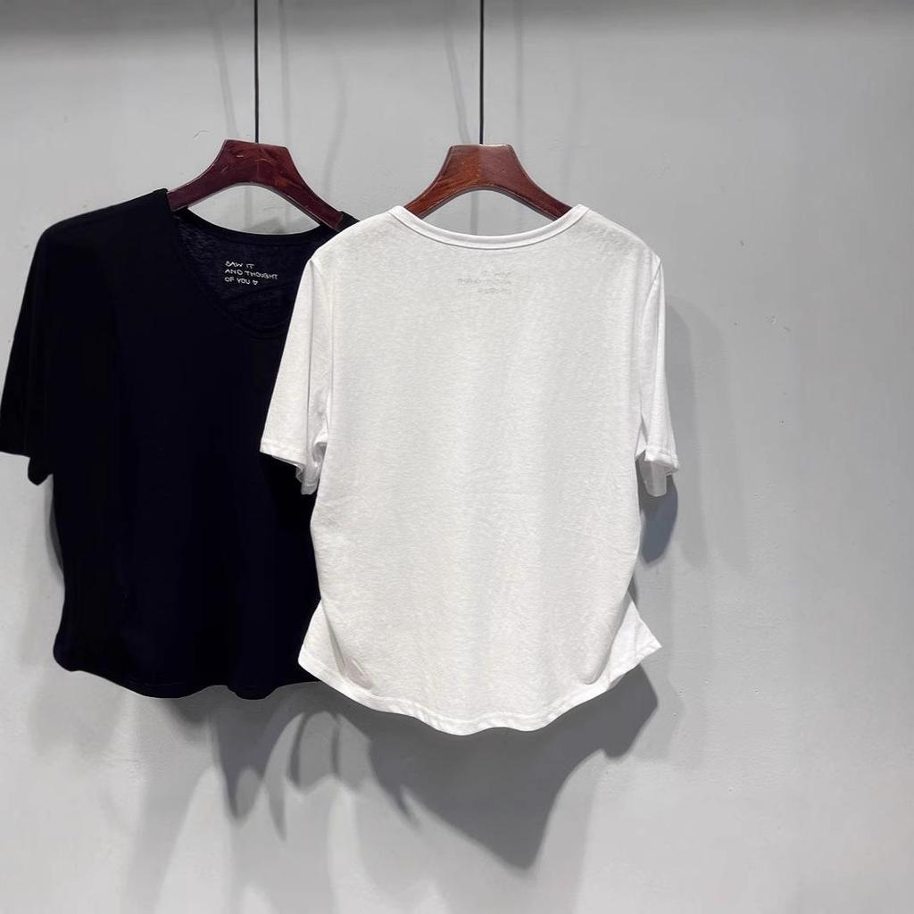 European Plus Size U-Neck Ruched Short-Sleeve Cotton T-Shirt for Summer 2025