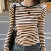 Autumn Winter Round Neck Vintage Striped Printing T-shirt Women Long Sleeve All-match Slim Pullover Tee Top