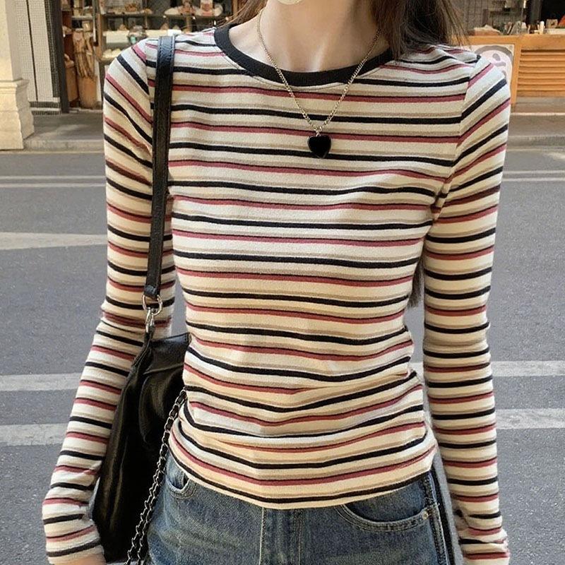 Autumn Winter Round Neck Vintage Striped Printing T-shirt Women Long Sleeve All-match Slim Pullover Tee Top