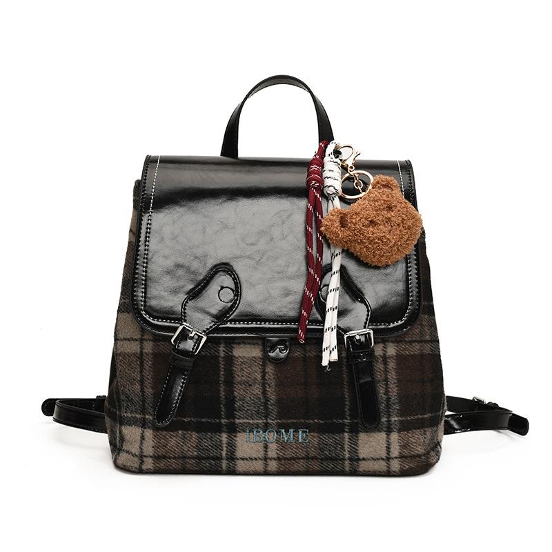 Ретро Шотландский Шерстяной Рюкзак Женский Осенне-Зимний Новый Клетчатый Рюкзак Ежедневная Сумка для Поездок with pendant