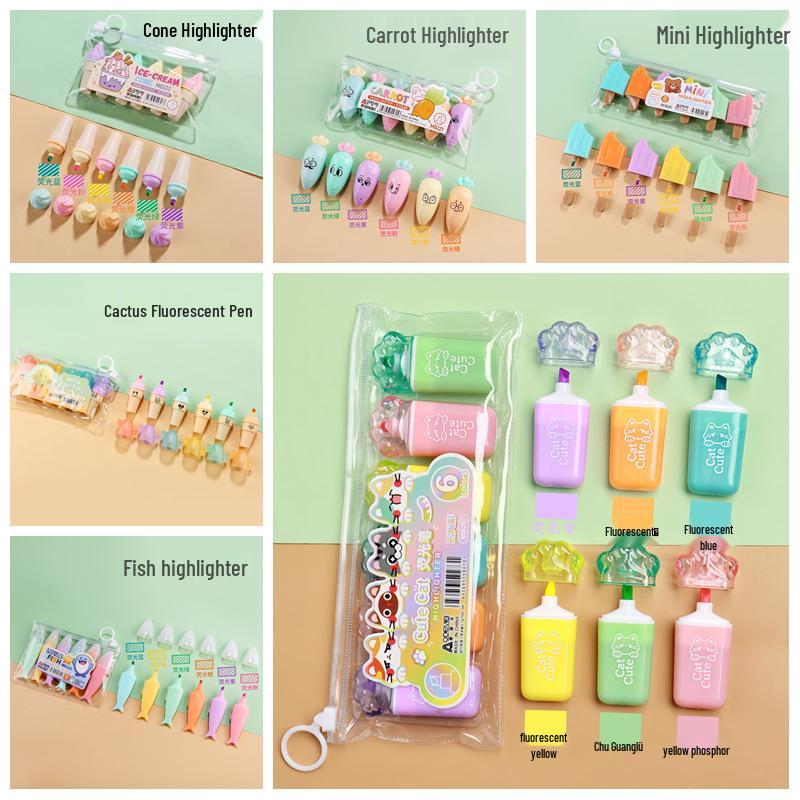 Set di 6 Mini Pennarelli Fluorescenti - Design Carino a Cartone Animato, Perfetti per Studenti delle Elementari. Evidenziatori Piccoli, Portatili e Colorati.