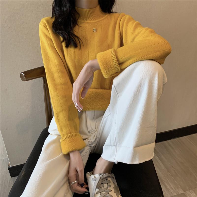 Half High Neck Sweater Women's Loose One-piece Velvet Pullover Long Sleeved Casual Warm Knit Sweater with Thick Solid Color Sweater Autumn and Winter