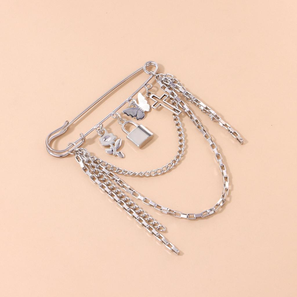 Multi-element Lock Cross Brooch, Retro Trendy Metal Chain Pin Accessories