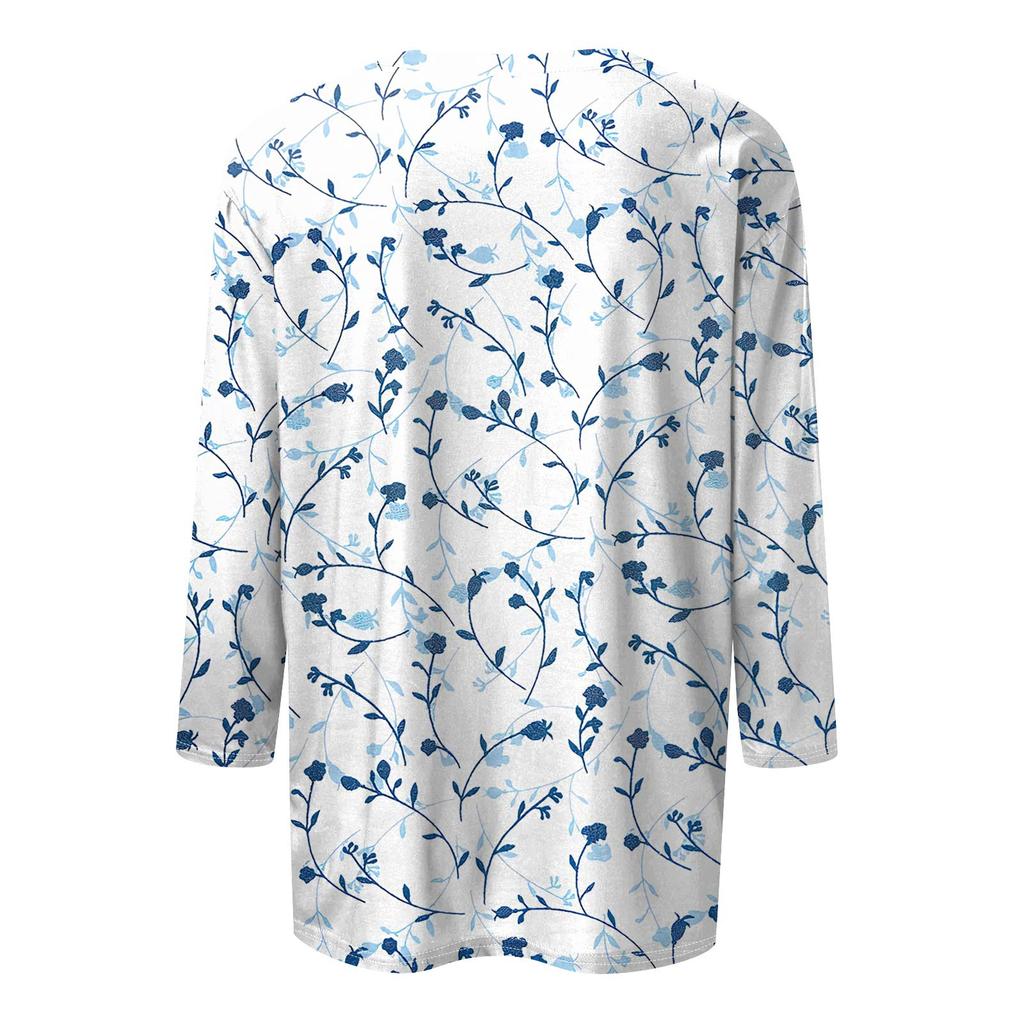 Damenmode Casual V-Ausschnitt 3/4 Ärmel Lose Bedrucktes T-Shirt Damen Top